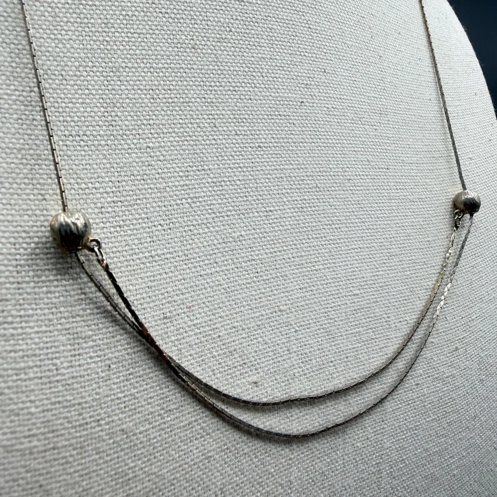 Silver Tone Double Strand Snake Chain Necklace Ribbed Beads Minimalist Gift